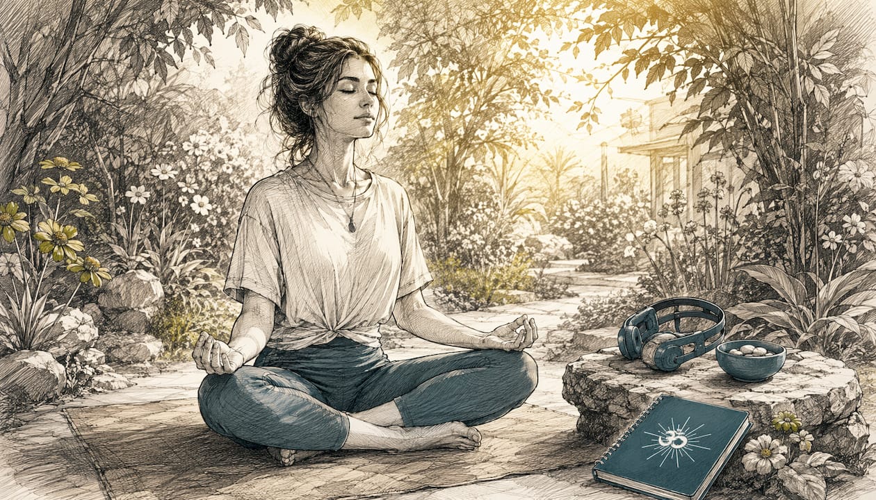 Brain waves Hz: the complete frequency band guide 3 Woman meditating in sunlight showing relaxed alpha brain waves