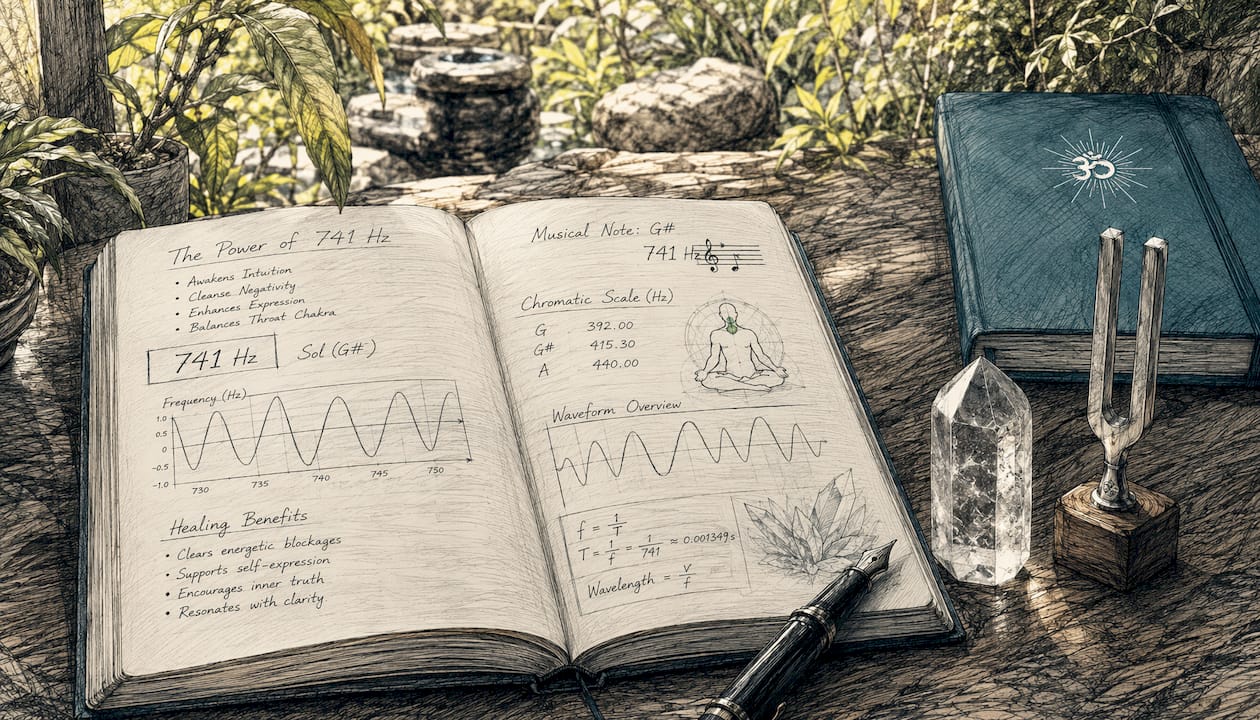 Frequency 741 Hz: healing benefits and how to use it 3 Music theory notebook with tuning fork and crystal