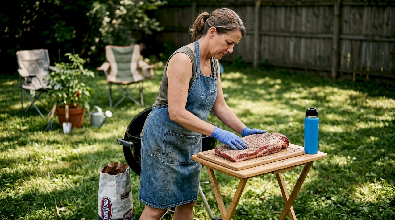 Master grilling rubs for bold, unforgettable flavor Woman rubbing brisket by backyard charcoal grill