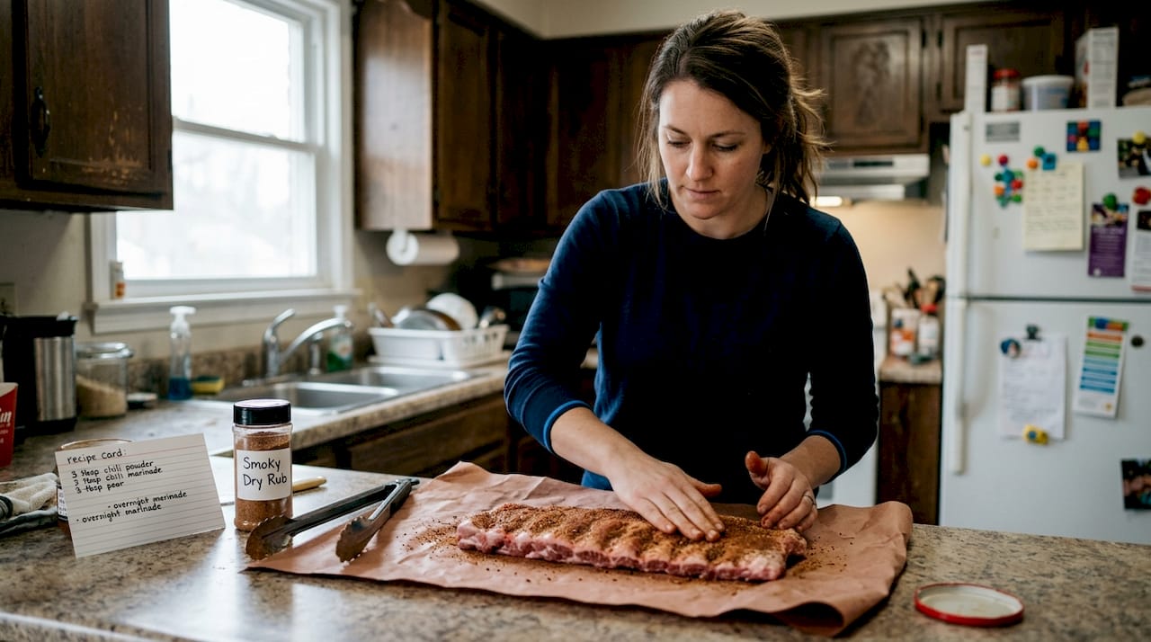 Woman seasoning ribs in home kitchen prep