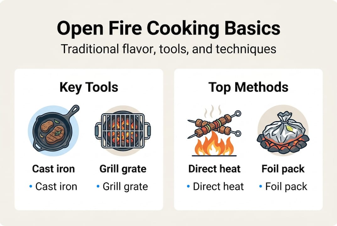 Infographic showing open fire cooking basics