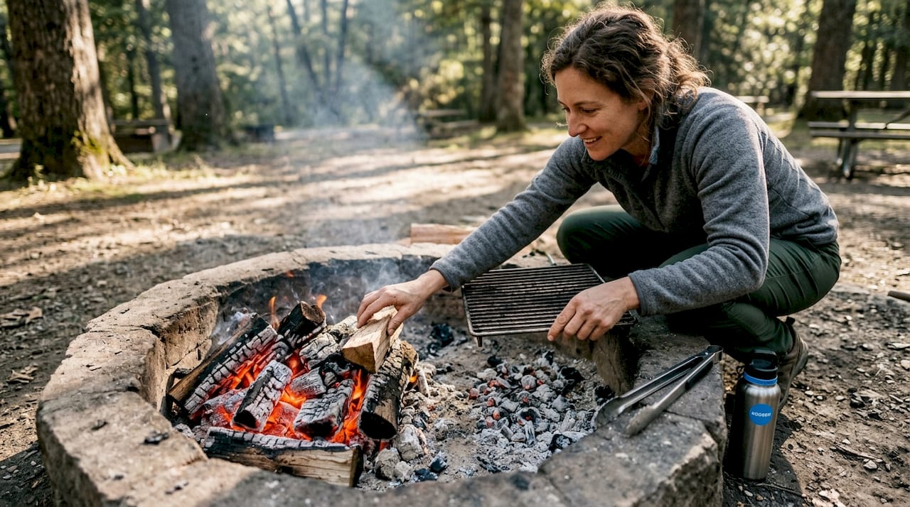 Woman arranging two-zone fire for grilling