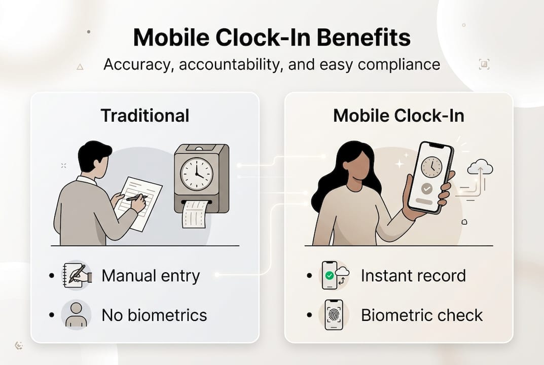 Infographic comparing traditional and mobile clock-in