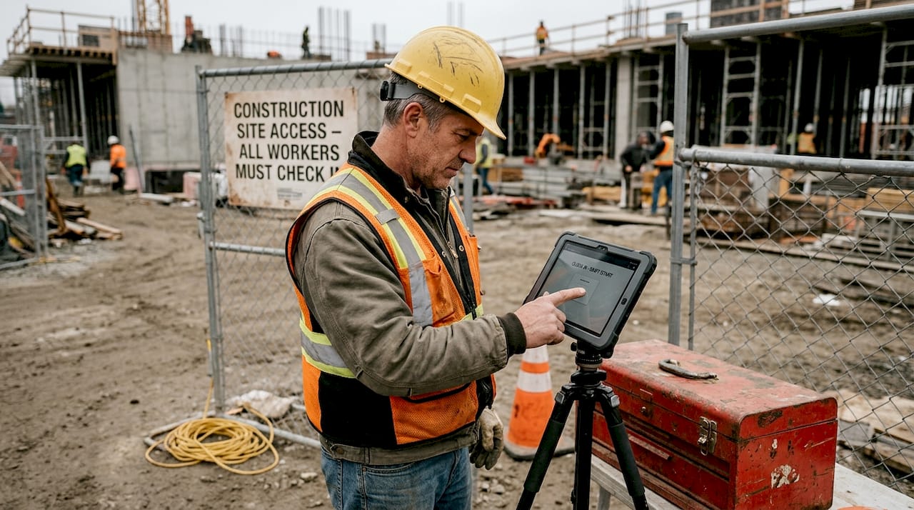 Construction worker biometric clock-in at job site