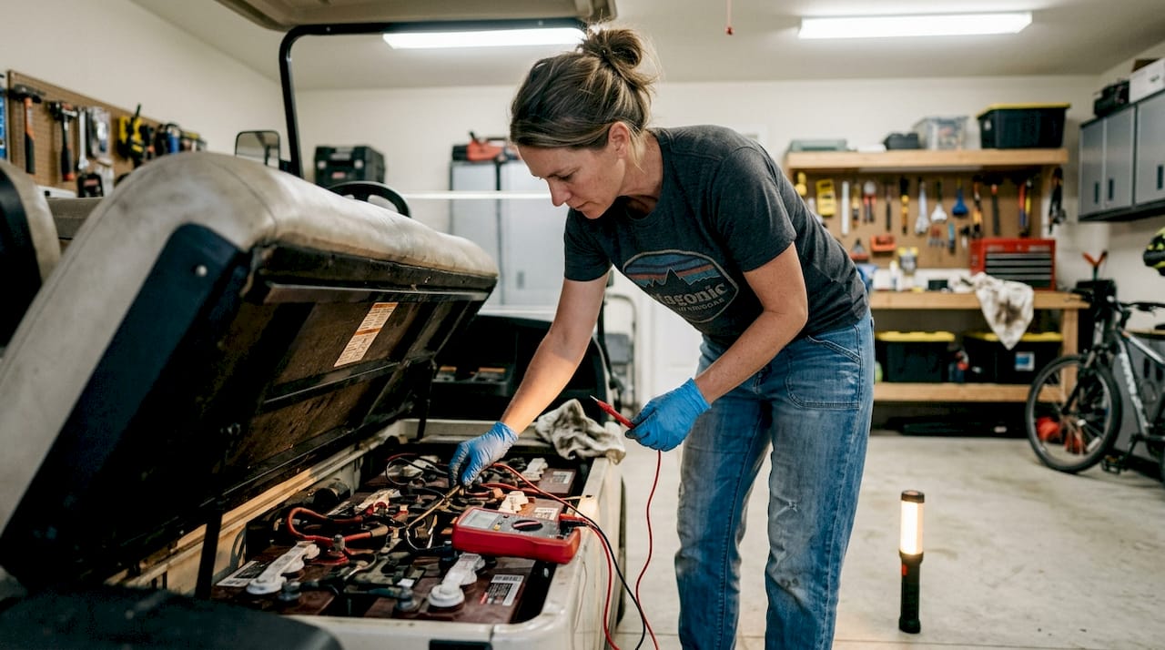 Woman checking golf cart batteries garage