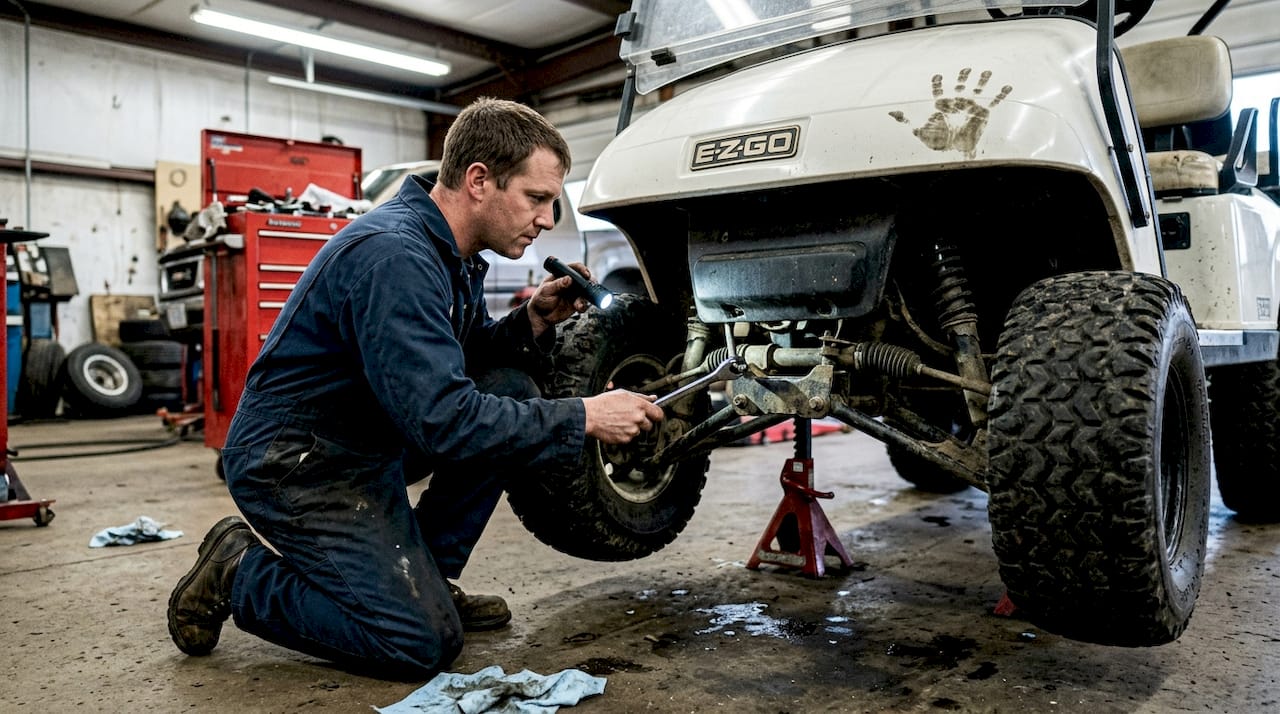 Mechanic inspecting lifted golf cart suspension