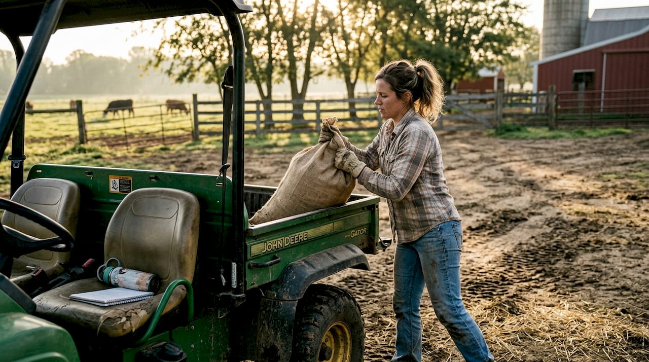 Farm worker loads feed into utility vehicle