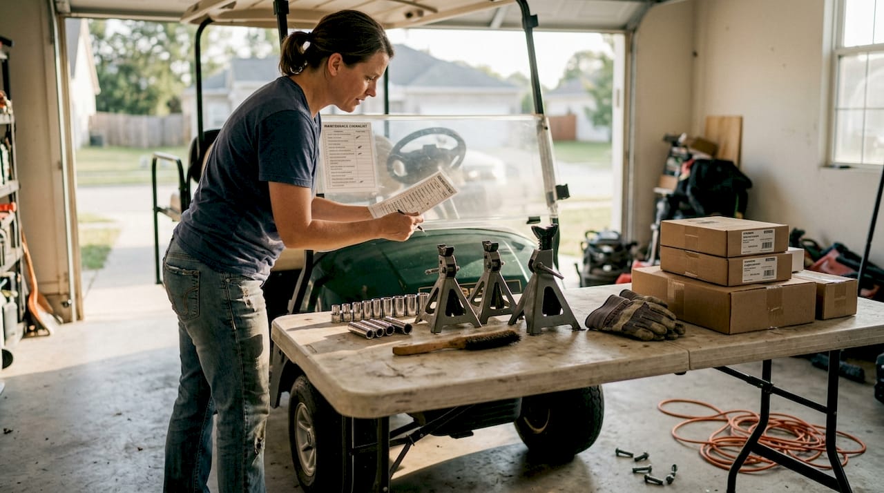 Golf cart owner organizing tools before upgrade