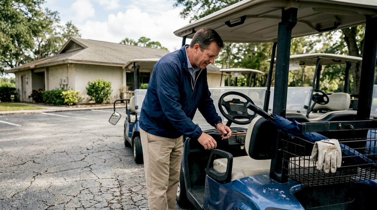 Man inspects used golf cart outdoors