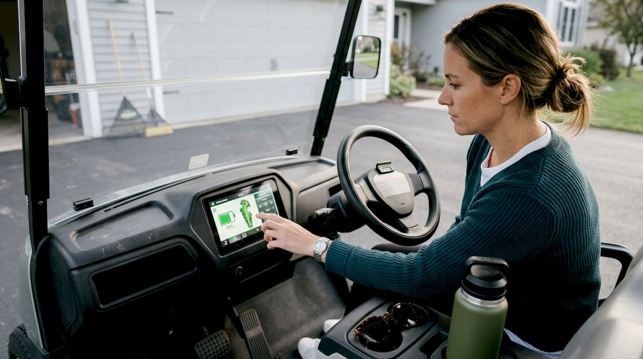Driver using touchscreen in electric golf cart
