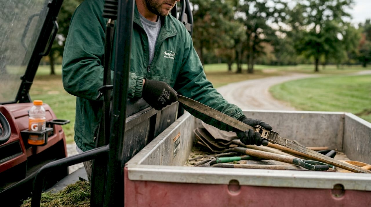 Worker securing tools on utility golf course vehicle