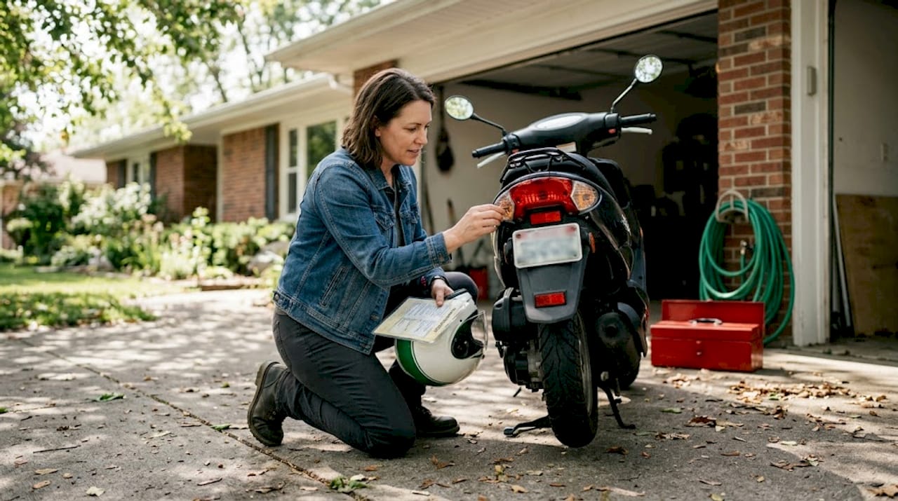 Woman inspects scooter lights and equipment