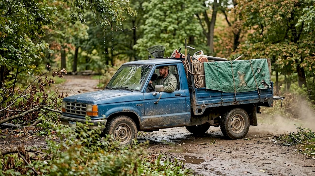 Utility truck carrying equipment on rough path