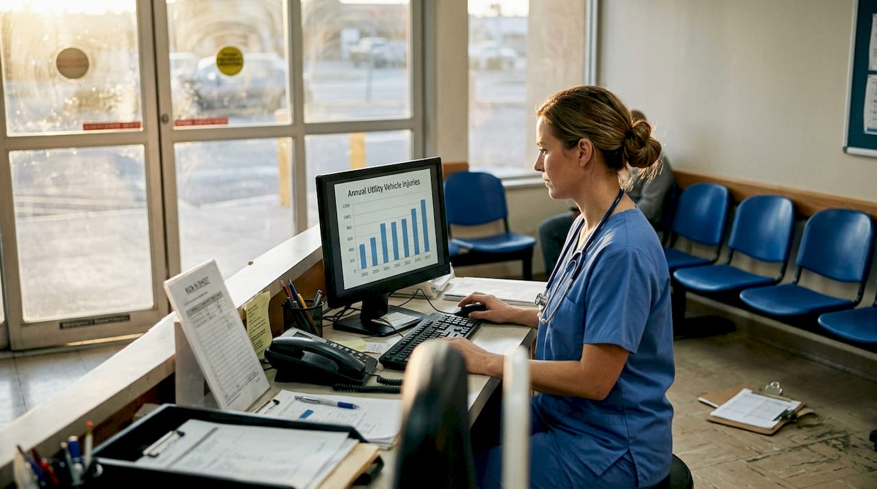 Nurse viewing utility vehicle injury statistics in ER