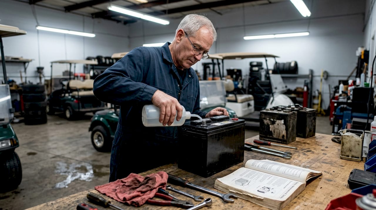 Mechanic adding water to lead-acid golf cart battery