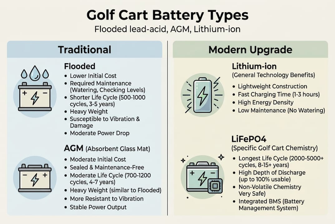 Infographic comparing main golf cart battery types