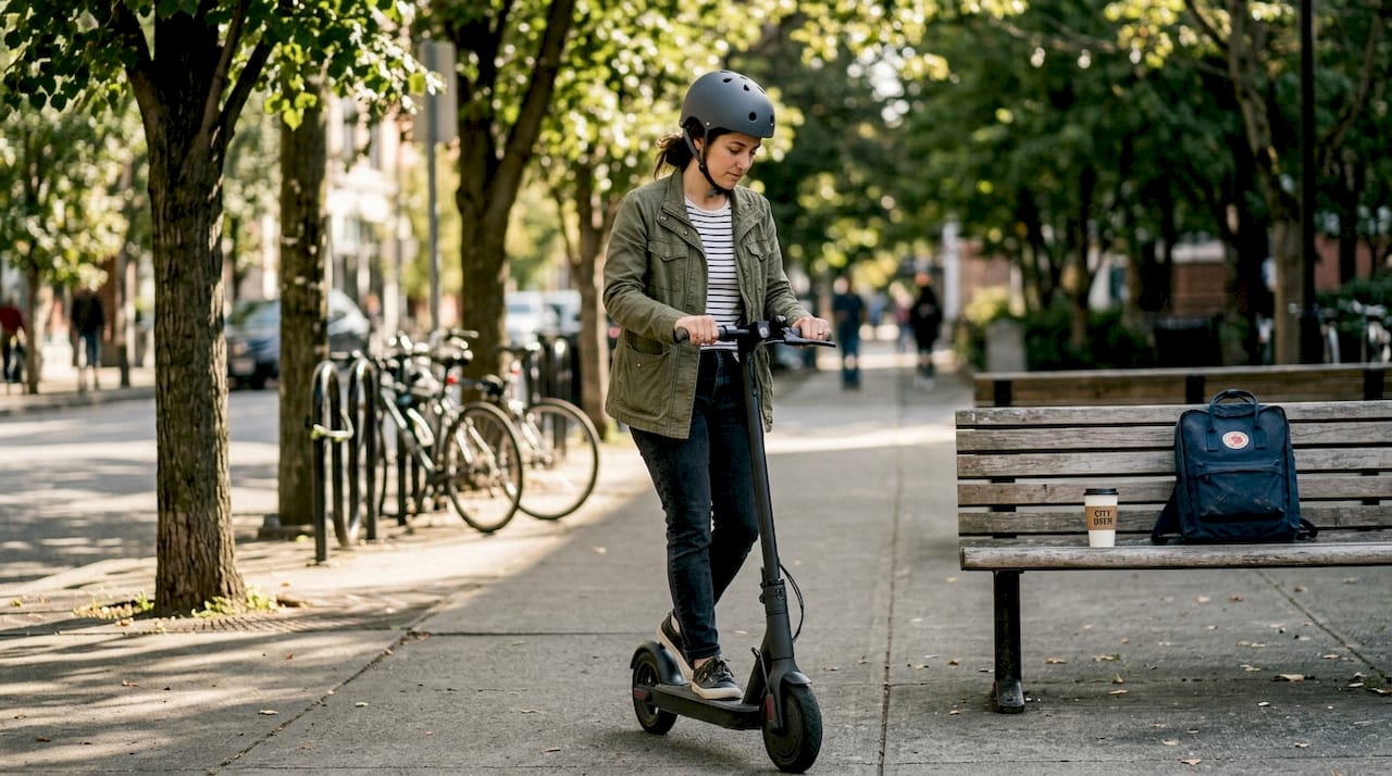 Woman test rides electric scooter city sidewalk