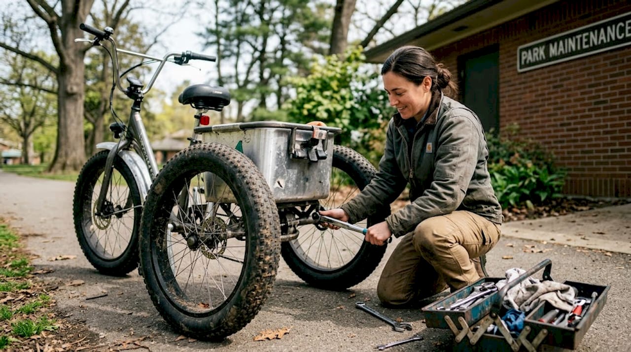 Technician inspecting trike tires and axle