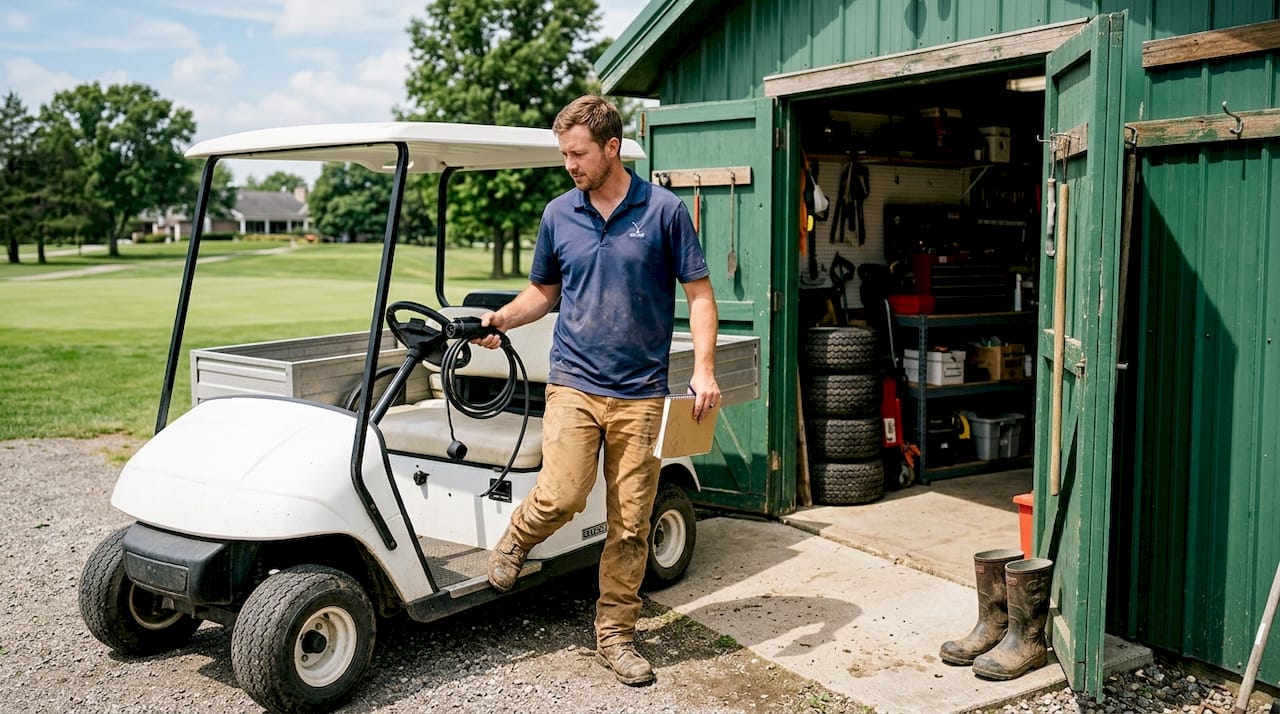 Golf facility worker tending to electric cart