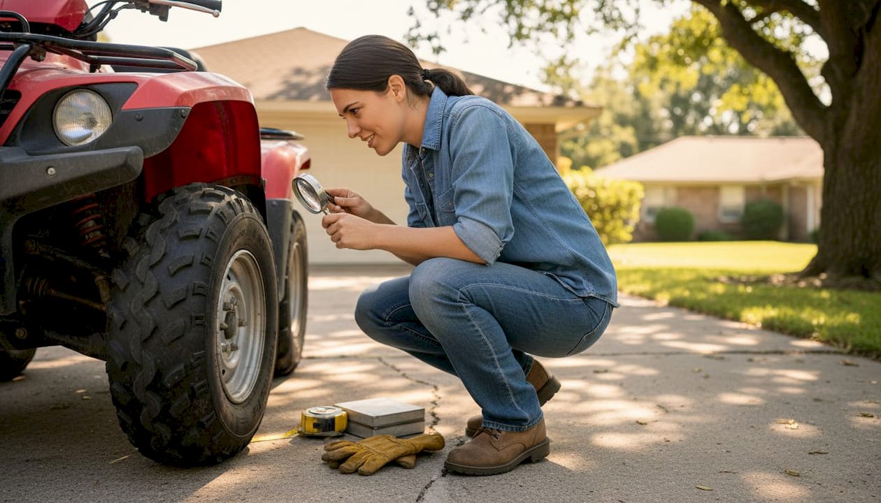 Woman checks ATV tire DOT mark in driveway