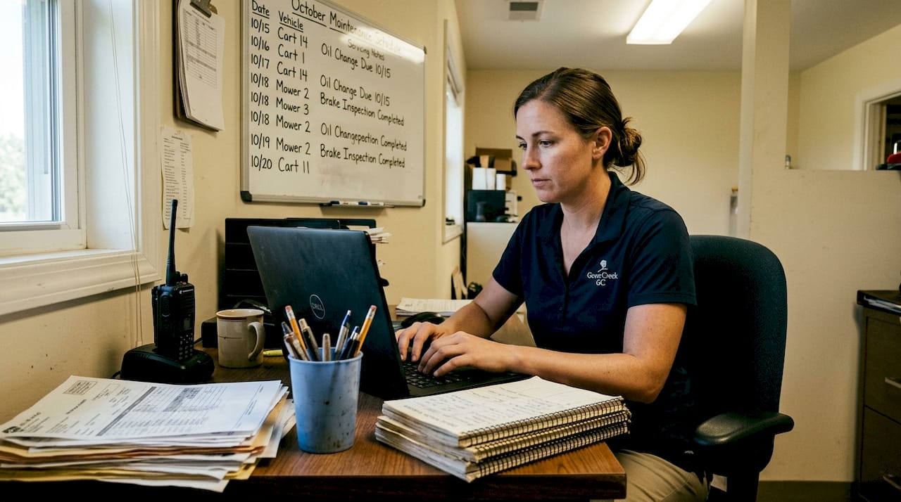 Fleet manager logging maintenance records in office