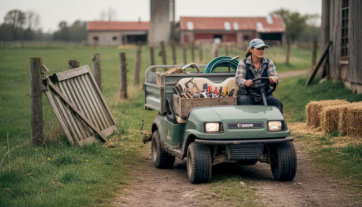 Utility golf cart carrying supplies on farm