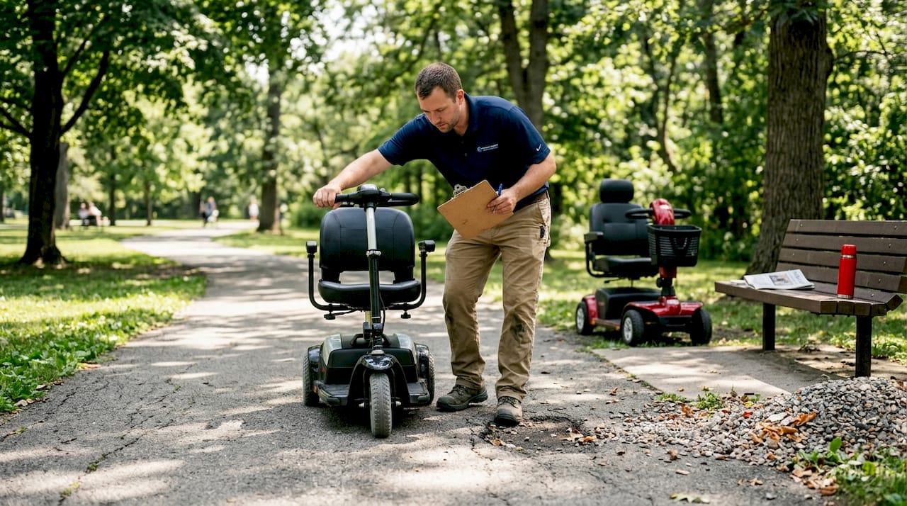 Testing three-wheel scooter on uneven sidewalk
