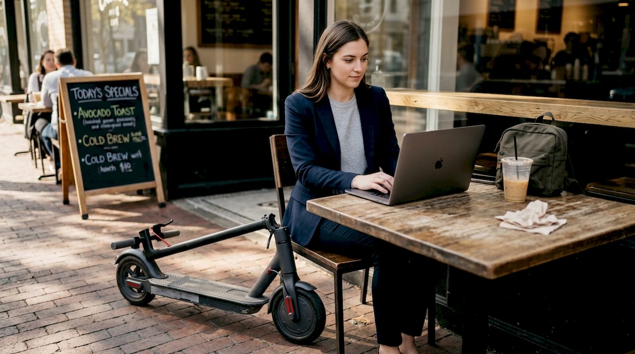 Folded electric scooter by café patio table