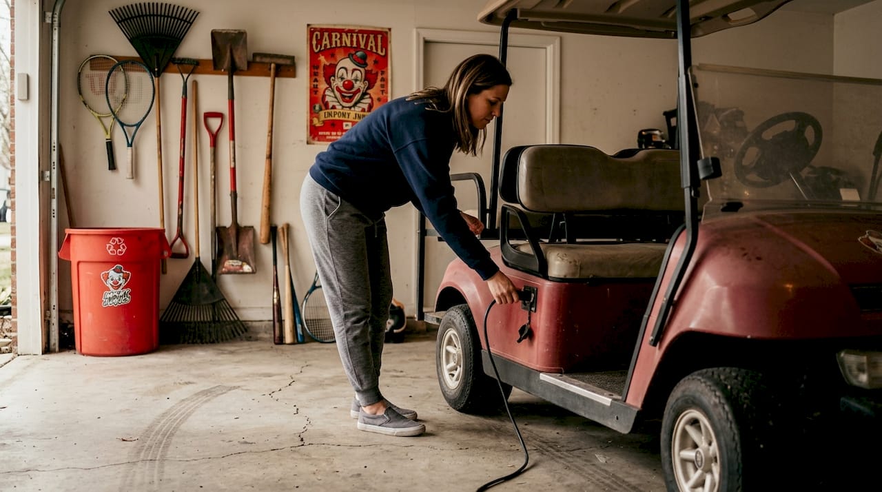 Charging electric golf cart in home garage