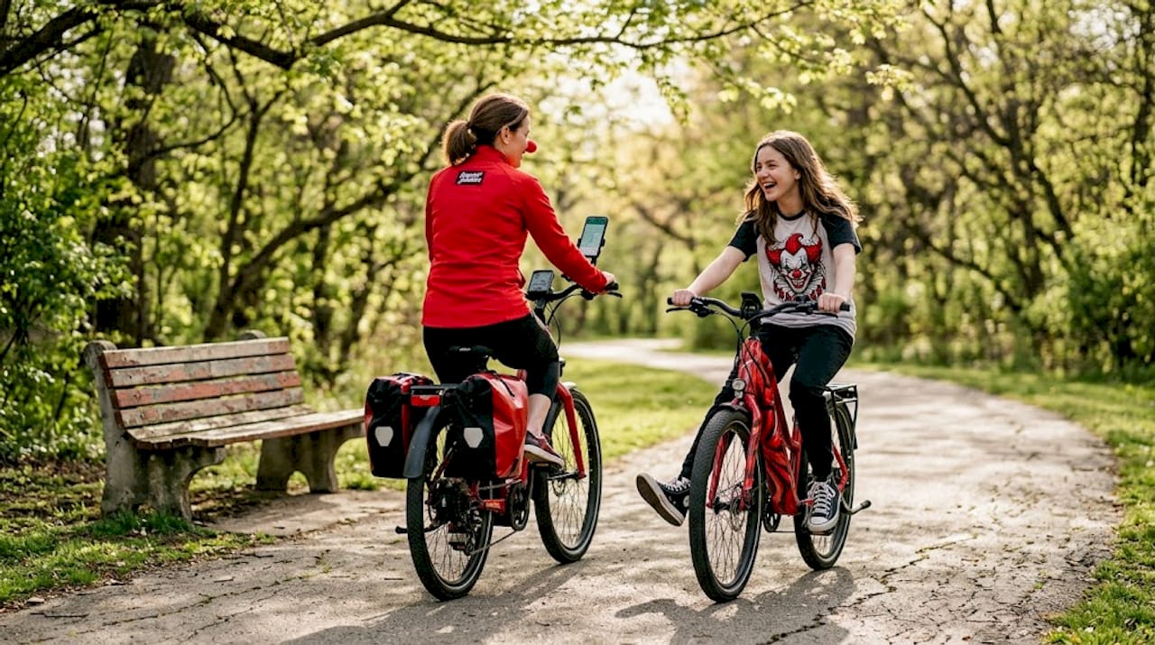 Family rides e-bikes together in city park
