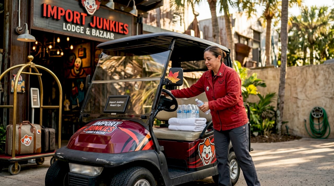 Resort staff loading electric golf cart