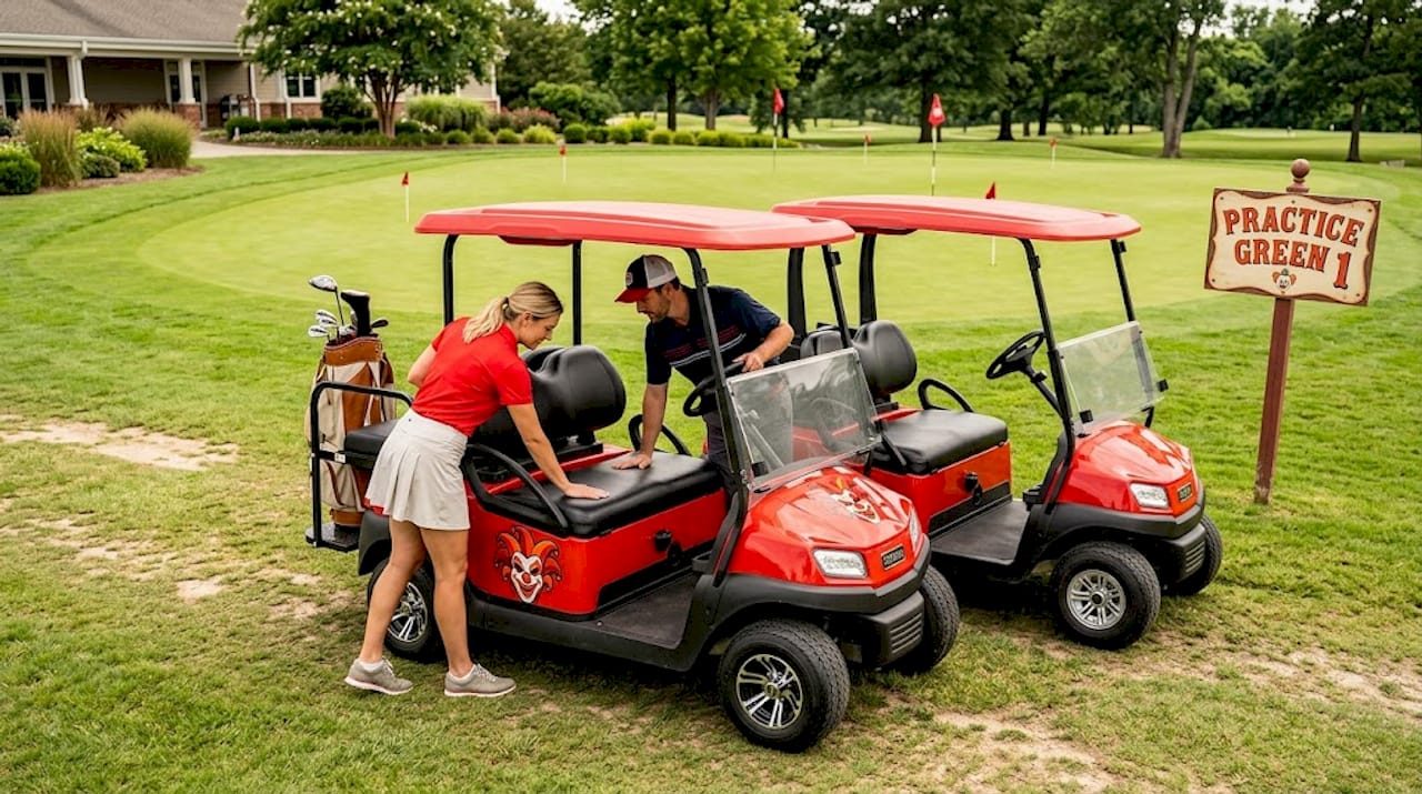 Buyers comparing seating options on golf carts