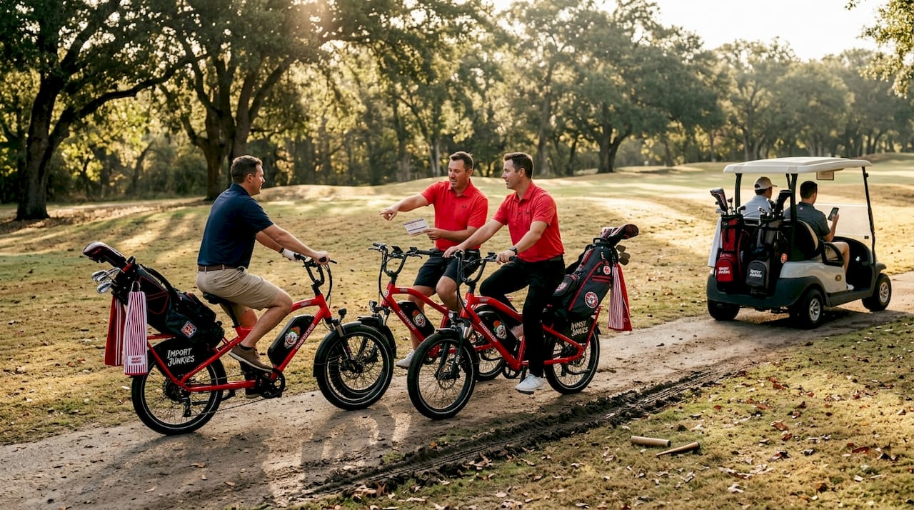 Golfers riding bikes and cart fairway comparison