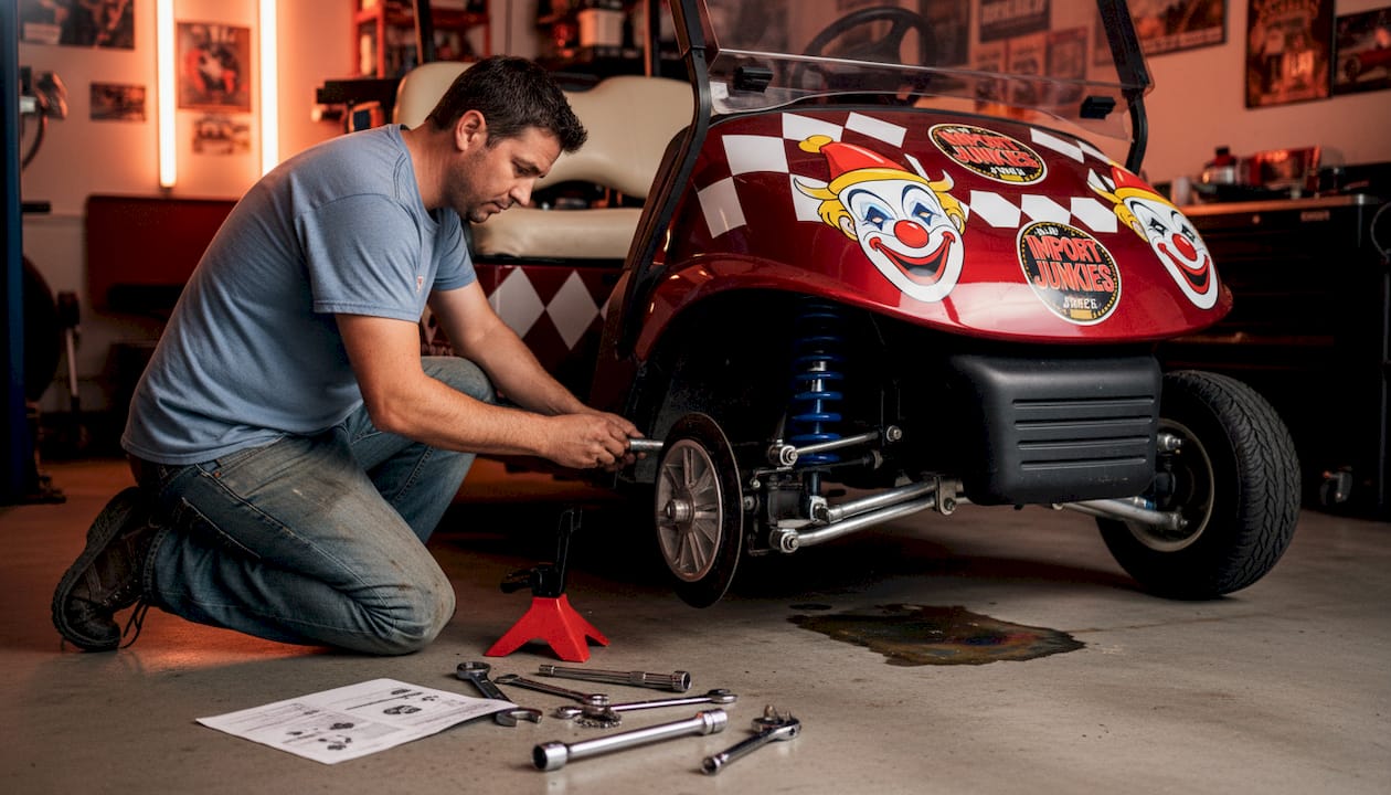 Mechanic installing spindle lift kit on golf cart