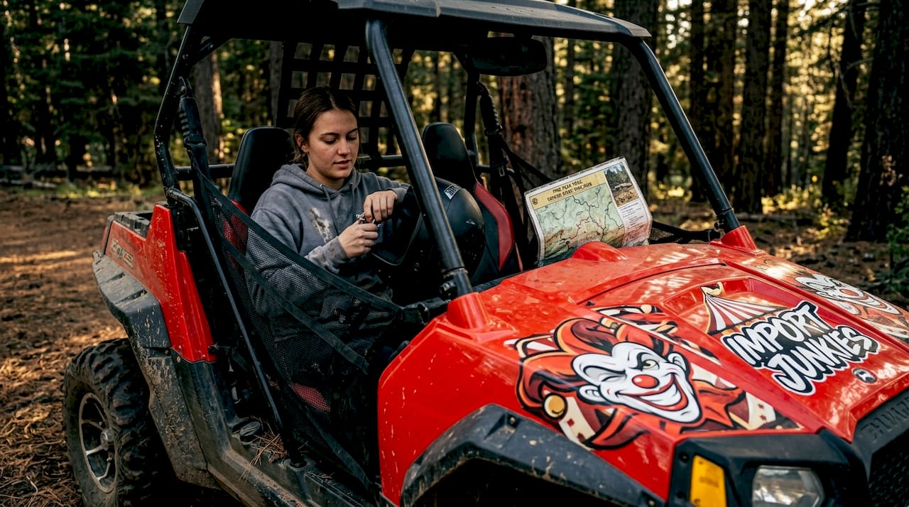 Woman buckling helmet in sporty utility vehicle