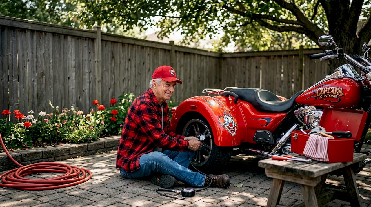 Retiree inspecting classic delta trike outdoors