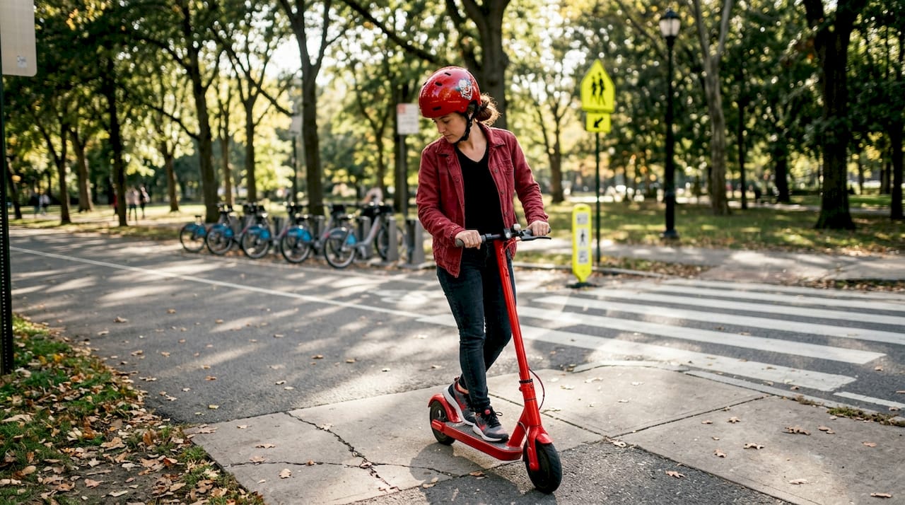 Woman checks scooter brakes in park