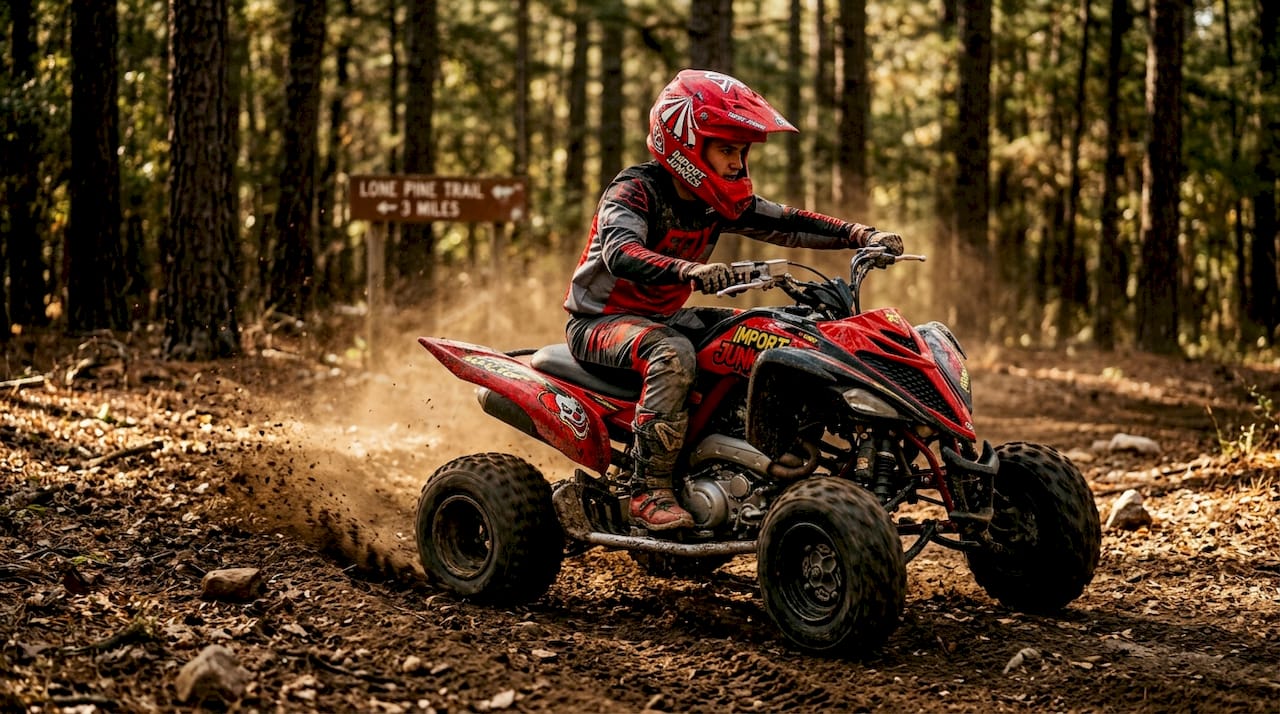 Sport ATV rider navigating forest trail