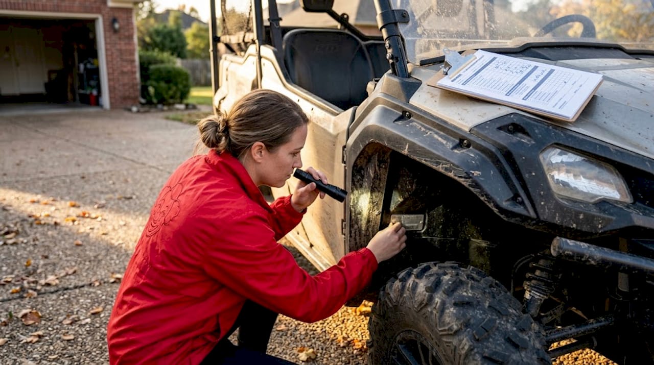 Inspector checking VIN on utility vehicle in driveway