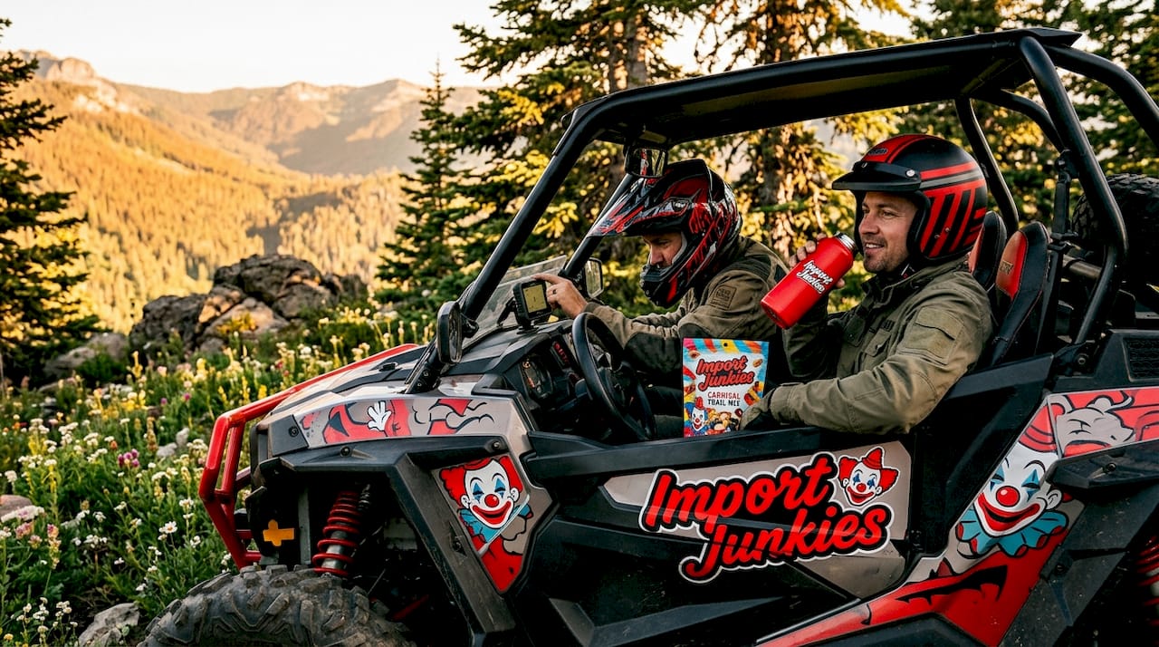 Riders in a UTV on scenic mountain trail