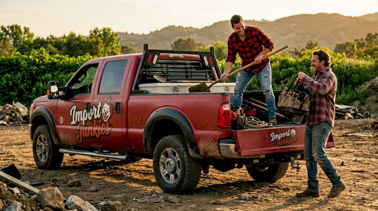 Workers loading gear into off-road utility truck