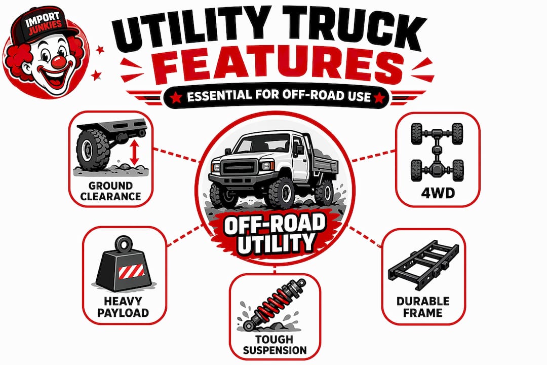 Infographic illustration of core off-road utility truck features