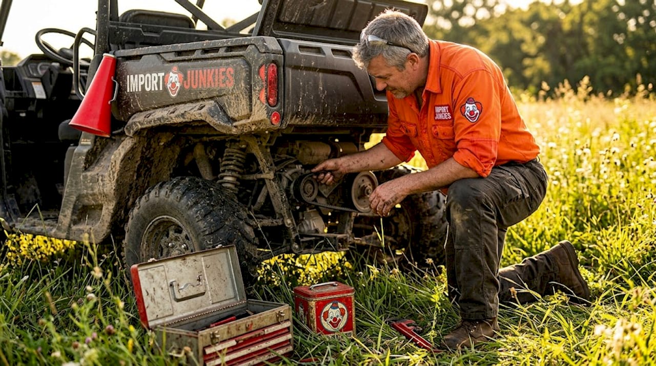 Technician inspecting drive belt on utility vehicle