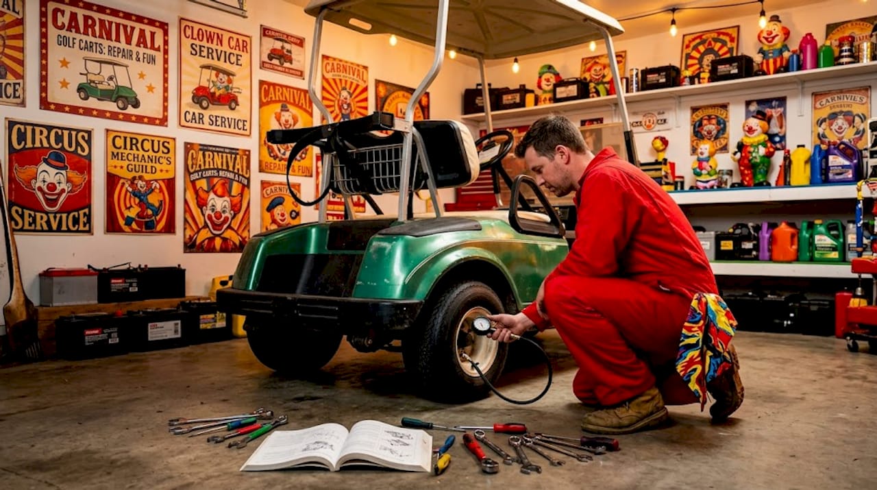 Technician performing golf cart maintenance in workshop