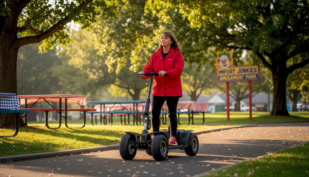 Scooter with wide wheelbase on outdoor ramp