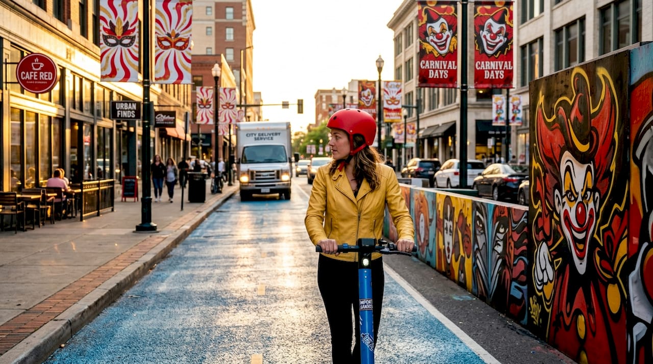 Scooter rider alert in downtown street bike lane