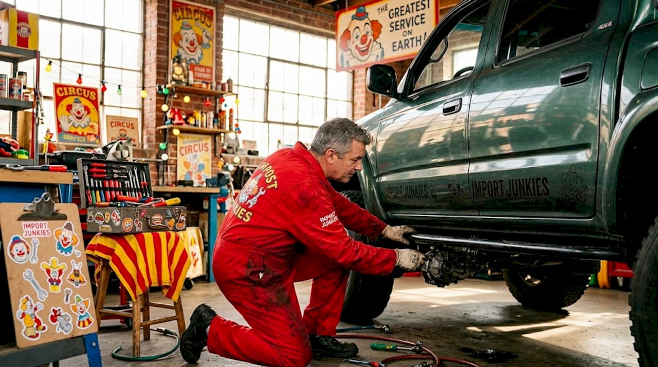 Mechanic inspecting 4x4 truck drivetrain
