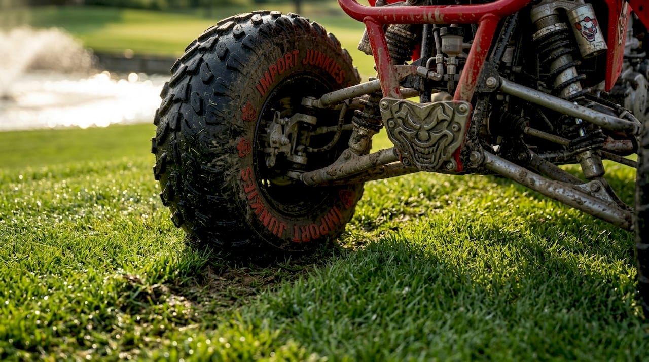 ATV tire imprint on golf course turf