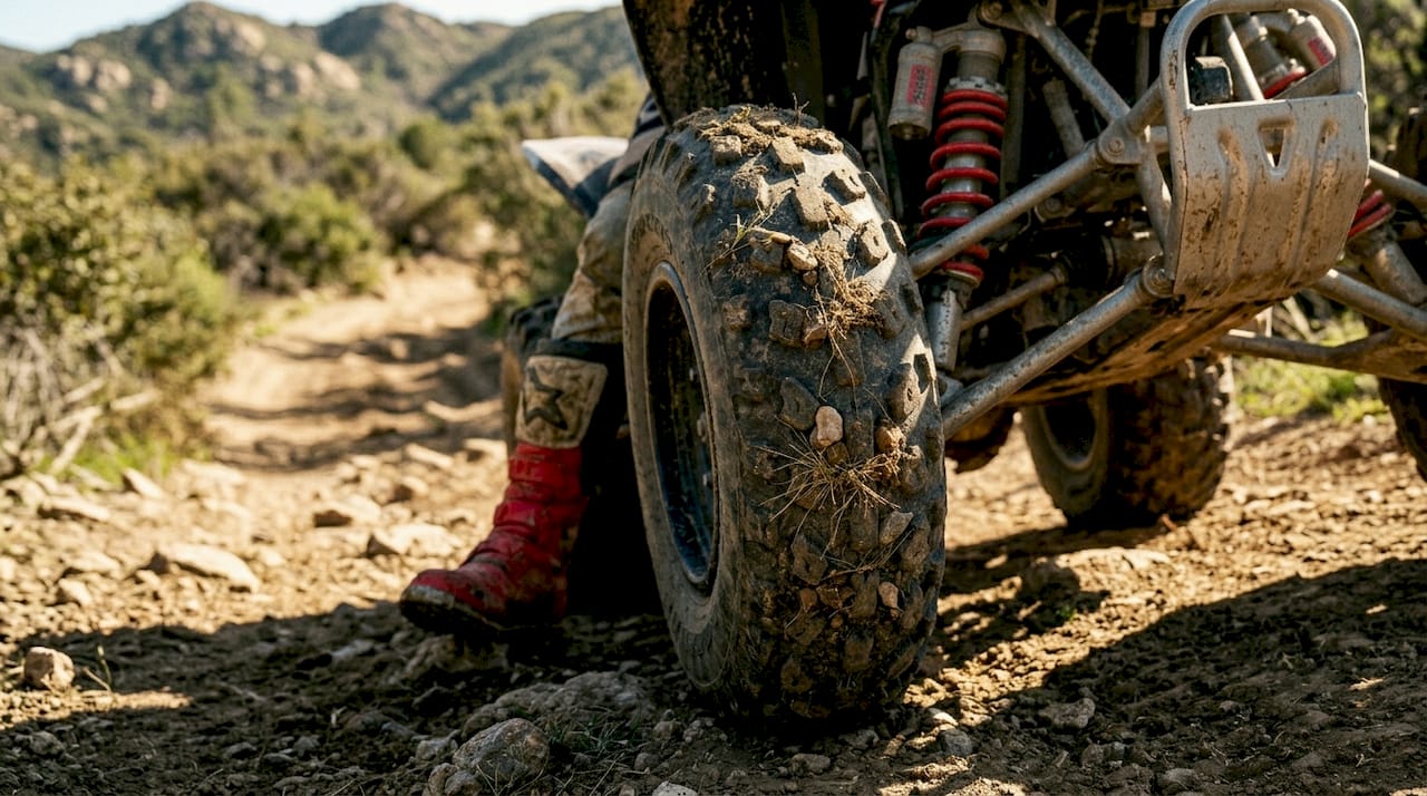 Closeup ATV tire on rocky dirt surface