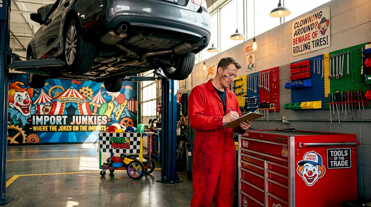 Mechanic examines fleet car in service garage